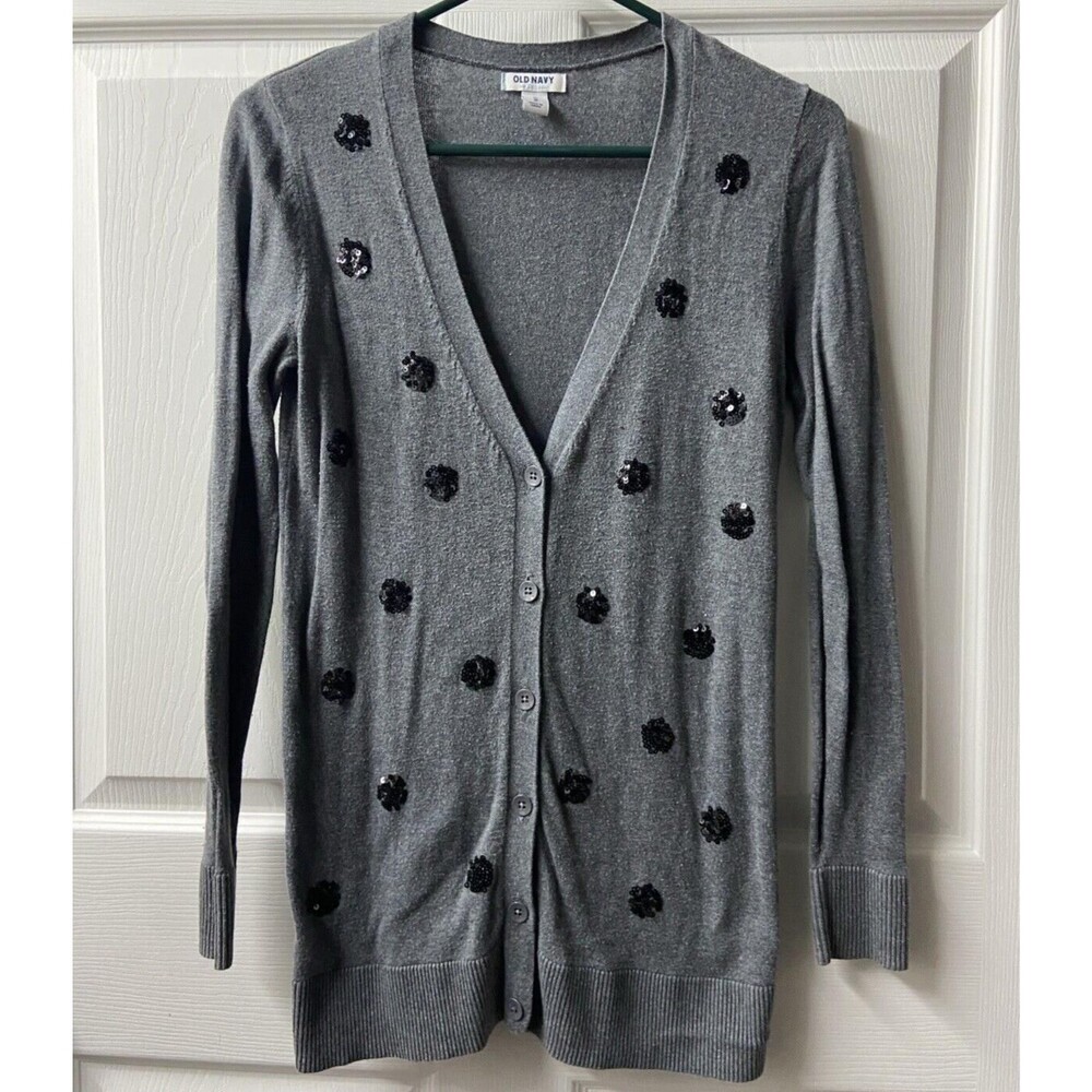 Old Navy Cardigan Sweater Womens Size XS Dark Gray Button Up Festival Sequined